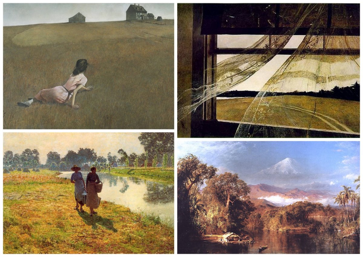 Des influences luministes américaines et européennes chez Malick : Christina's world et Wind from the Sea (Andrew Wyeth), Jeunes paysannes le long de la lys (Emile Claus), Mount Chimborazo (Frederic Edwin Church)